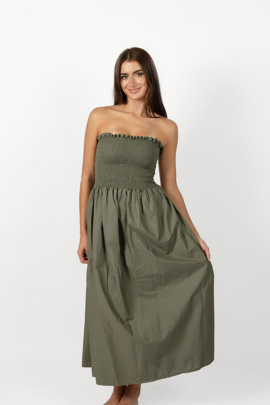 Khaki Loretta Dress with Detachable Sleeves