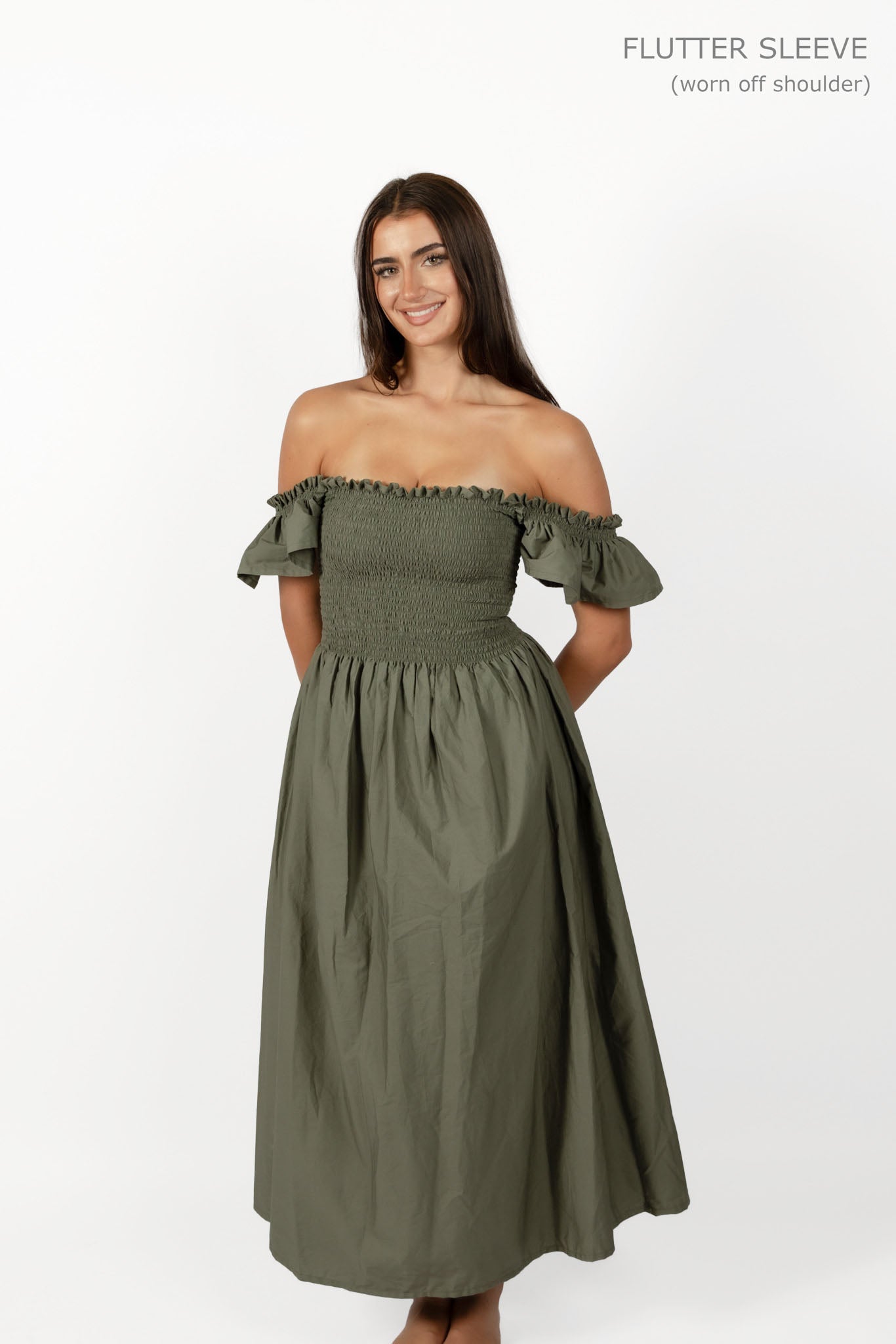 Khaki Loretta Dress with Detachable Sleeves