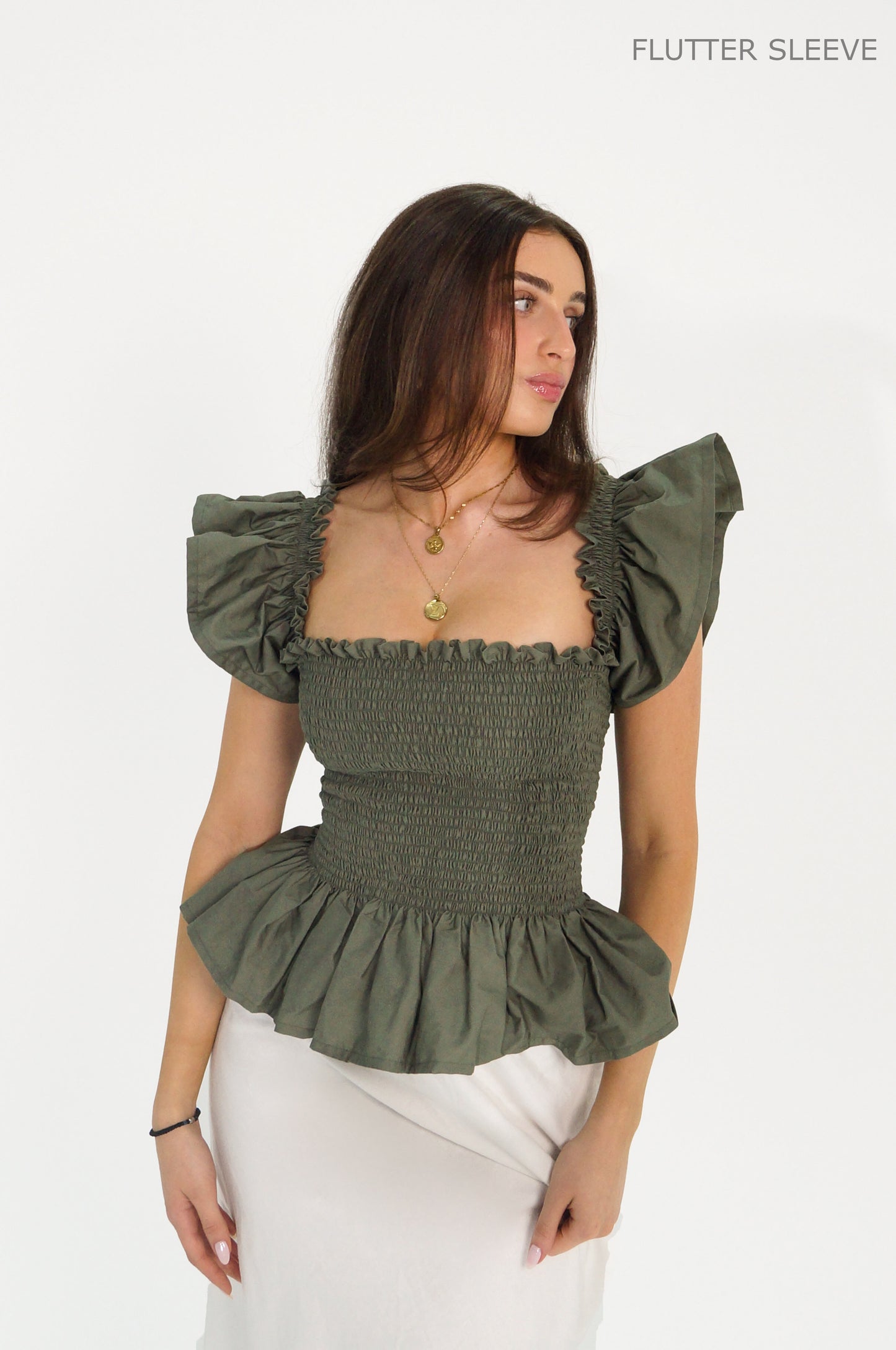 Khaki Loretta Top with Detachable Sleeves