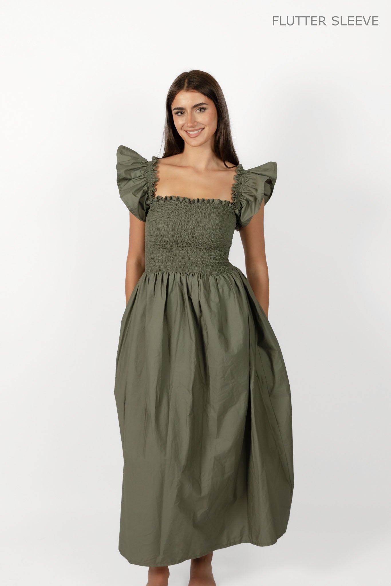 Khaki Loretta Dress with Detachable Sleeves