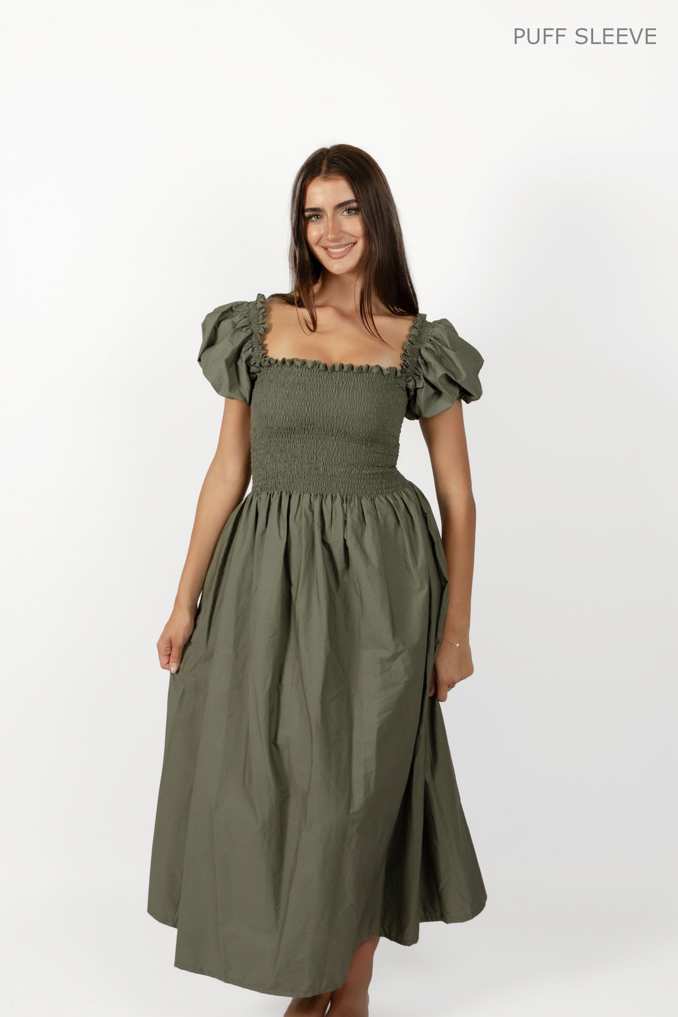 Khaki Loretta Dress with Detachable Sleeves