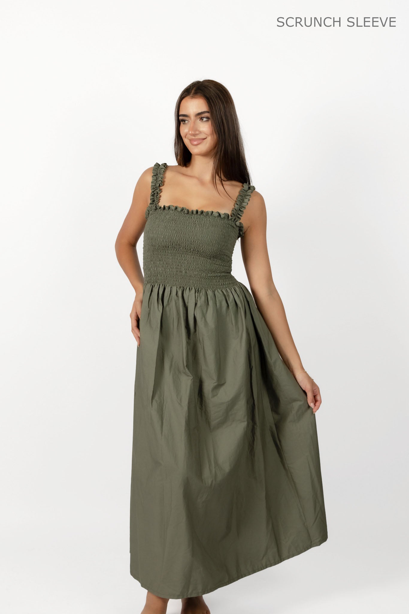 Khaki Loretta Dress with Detachable Sleeves